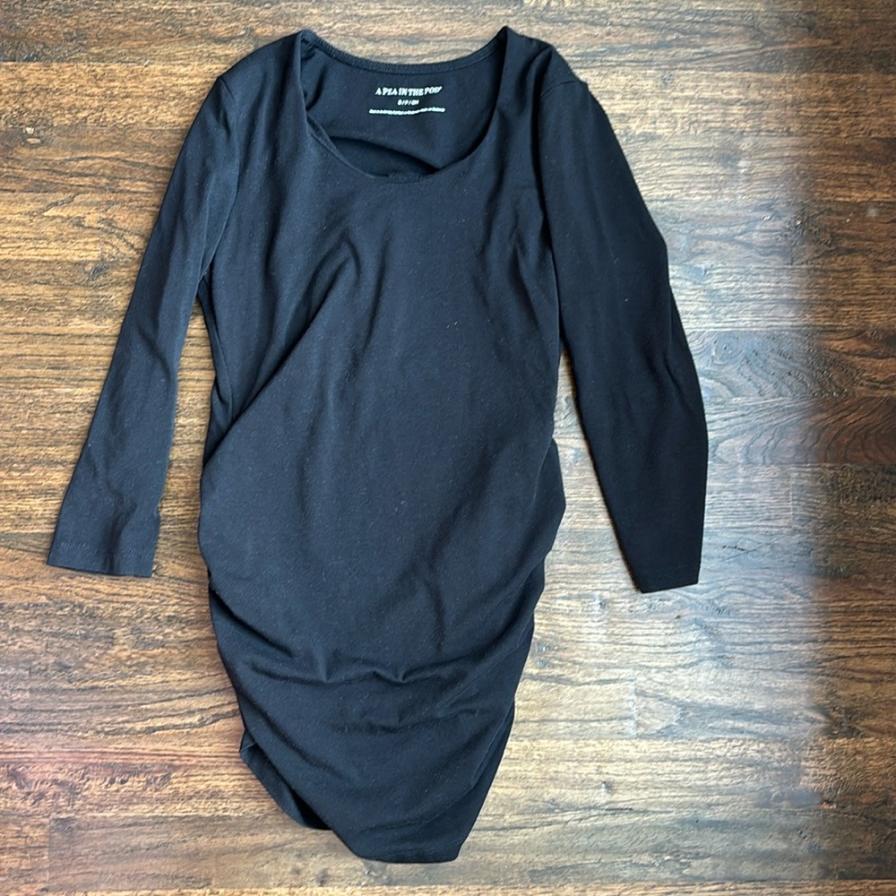 A Pea in the Pod Luxe Side Ruched 3/4 Sleeve Black Maternity T-Shirt (Size S)